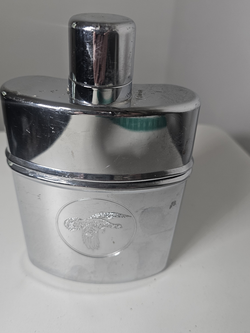 Vintage Silver Tone Hip Flask with Embossed Bird